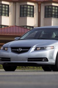 Preview wallpaper acura, tl, 2007, silver metallic, front view, style, cars, buildings, grass