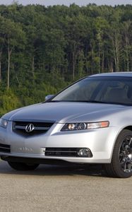 Preview wallpaper acura, tl, 2007, silver metallic, front view, style, cars, timber, shrubs, grass