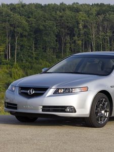 Preview wallpaper acura, tl, 2007, silver metallic, front view, style, cars, timber, shrubs, grass