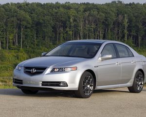 Preview wallpaper acura, tl, 2007, silver metallic, front view, style, cars, timber, shrubs, grass