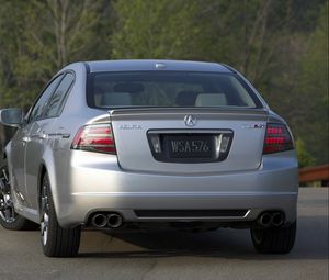 Preview wallpaper acura, tl, 2007, metallic silver, rear view, style, cars, trees, asphalt