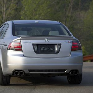 Preview wallpaper acura, tl, 2007, metallic silver, rear view, style, cars, trees, asphalt