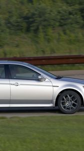 Preview wallpaper acura, tl, 2007, silver metallic, side view, style, cars, speed, nature, shrubs, grass