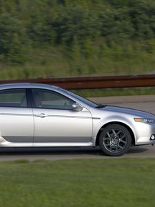 Preview wallpaper acura, tl, 2007, silver metallic, side view, style, cars, speed, nature, shrubs, grass