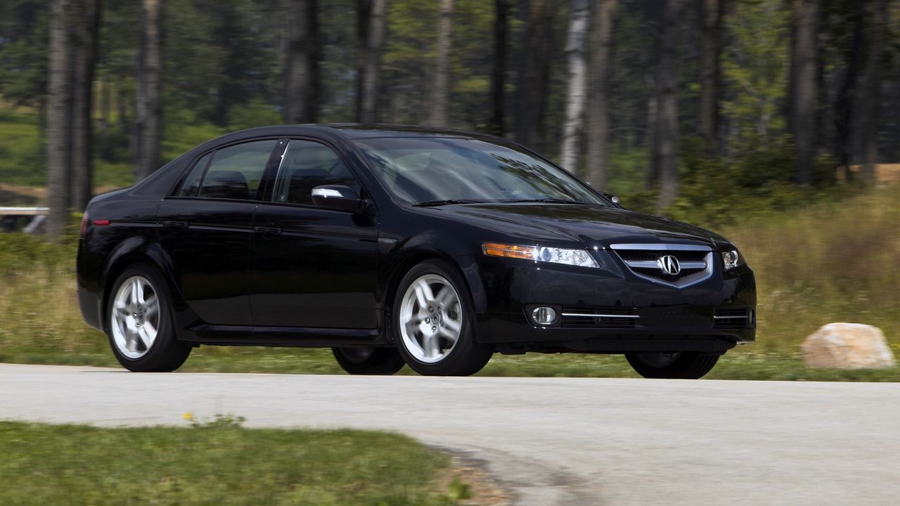 Wallpaper acura, tl, 2007, black, side view, style, cars, nature, forest, grass, asphalt