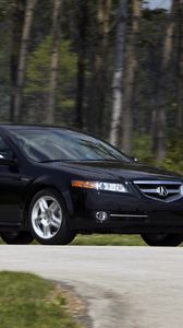 Preview wallpaper acura, tl, 2007, black, side view, style, cars, nature, forest, grass, asphalt