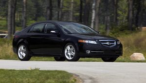 Preview wallpaper acura, tl, 2007, black, side view, style, cars, nature, forest, grass, asphalt