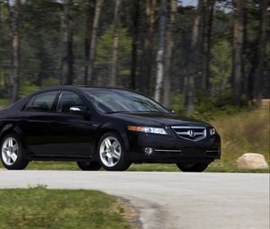 Preview wallpaper acura, tl, 2007, black, side view, style, cars, nature, forest, grass, asphalt