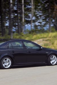 Preview wallpaper acura, tl, 2007, black, nature, forest, asphalt, speed