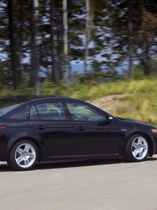 Preview wallpaper acura, tl, 2007, black, nature, forest, asphalt, speed