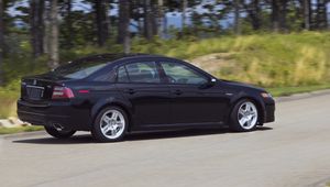 Preview wallpaper acura, tl, 2007, black, nature, forest, asphalt, speed