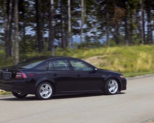 Preview wallpaper acura, tl, 2007, black, nature, forest, asphalt, speed