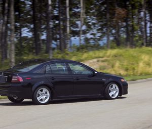 Preview wallpaper acura, tl, 2007, black, nature, forest, asphalt, speed