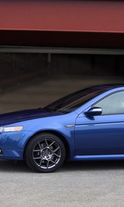 Preview wallpaper acura, tl, 2007, blue, side view, style, cars, buildings, asphalt