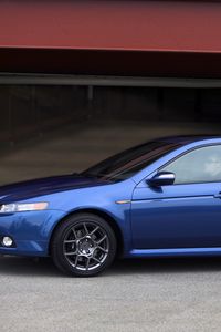 Preview wallpaper acura, tl, 2007, blue, side view, style, cars, buildings, asphalt