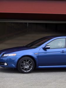 Preview wallpaper acura, tl, 2007, blue, side view, style, cars, buildings, asphalt