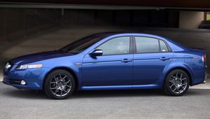 Preview wallpaper acura, tl, 2007, blue, side view, style, cars, buildings, asphalt