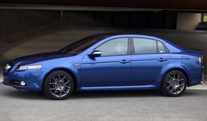 Preview wallpaper acura, tl, 2007, blue, side view, style, cars, buildings, asphalt