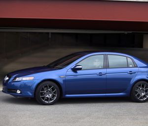 Preview wallpaper acura, tl, 2007, blue, side view, style, cars, buildings, asphalt