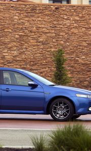 Preview wallpaper acura, tl, 2007, blue, side view, style, cars, buildings, shrubs