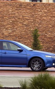 Preview wallpaper acura, tl, 2007, blue, side view, style, cars, buildings, shrubs