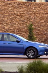 Preview wallpaper acura, tl, 2007, blue, side view, style, cars, buildings, shrubs
