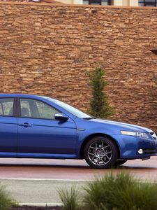 Preview wallpaper acura, tl, 2007, blue, side view, style, cars, buildings, shrubs