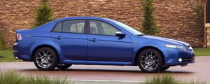 Preview wallpaper acura, tl, 2007, blue, side view, style, cars, buildings, shrubs