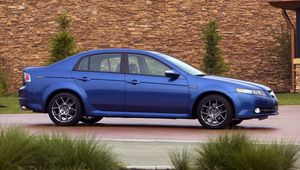 Preview wallpaper acura, tl, 2007, blue, side view, style, cars, buildings, shrubs