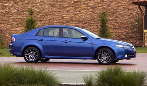 Preview wallpaper acura, tl, 2007, blue, side view, style, cars, buildings, shrubs