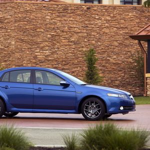 Preview wallpaper acura, tl, 2007, blue, side view, style, cars, buildings, shrubs
