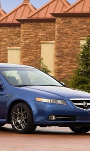 Preview wallpaper acura, tl, 2007, blue, side view, style, cars, buildings, shrubs