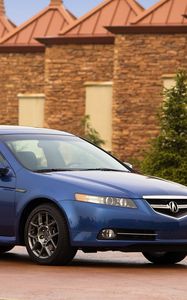 Preview wallpaper acura, tl, 2007, blue, side view, style, cars, buildings, shrubs