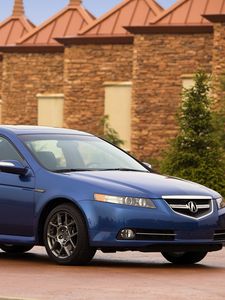 Preview wallpaper acura, tl, 2007, blue, side view, style, cars, buildings, shrubs