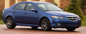 Preview wallpaper acura, tl, 2007, blue, side view, style, cars, buildings, shrubs