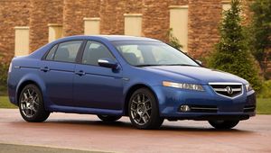 Preview wallpaper acura, tl, 2007, blue, side view, style, cars, buildings, shrubs