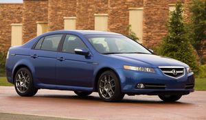 Preview wallpaper acura, tl, 2007, blue, side view, style, cars, buildings, shrubs