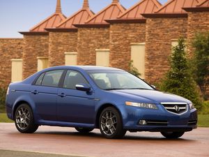 Preview wallpaper acura, tl, 2007, blue, side view, style, cars, buildings, shrubs