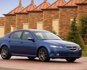 Preview wallpaper acura, tl, 2007, blue, side view, style, cars, buildings, shrubs