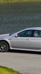 Preview wallpaper acura, tl, 2007, silver metallic, side view, style, cars, grass, water, asphalt