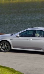 Preview wallpaper acura, tl, 2007, silver metallic, side view, style, cars, grass, water, asphalt