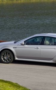 Preview wallpaper acura, tl, 2007, silver metallic, side view, style, cars, grass, water, asphalt