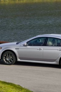 Preview wallpaper acura, tl, 2007, silver metallic, side view, style, cars, grass, water, asphalt