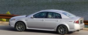 Preview wallpaper acura, tl, 2007, silver metallic, side view, style, cars, grass, water, asphalt