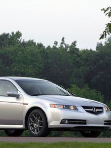 Preview wallpaper acura, tl, 2007, white metallic, side view, style, cars, nature, trees, grass