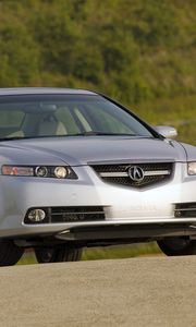 Preview wallpaper acura, tl, 2007, silver metallic, front view, style, cars, shrubs, grass, nature