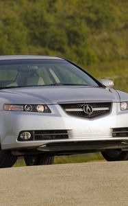 Preview wallpaper acura, tl, 2007, silver metallic, front view, style, cars, shrubs, grass, nature