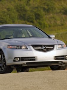 Preview wallpaper acura, tl, 2007, silver metallic, front view, style, cars, shrubs, grass, nature