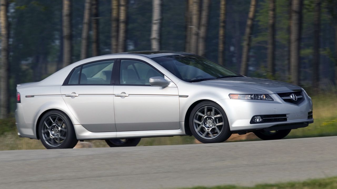 Wallpaper acura, tl, 2007, silver metallic, side view, style, cars, speed, forest, grass, asphalt