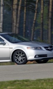 Preview wallpaper acura, tl, 2007, silver metallic, side view, style, cars, speed, forest, grass, asphalt